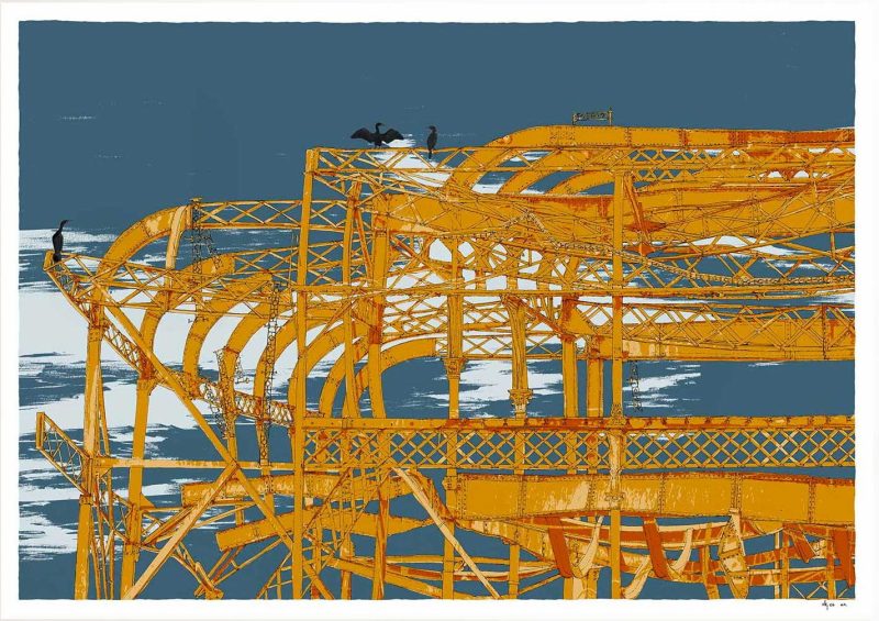 Cormorants West Pier Brighton, Antique blue & ochre by Alej ez