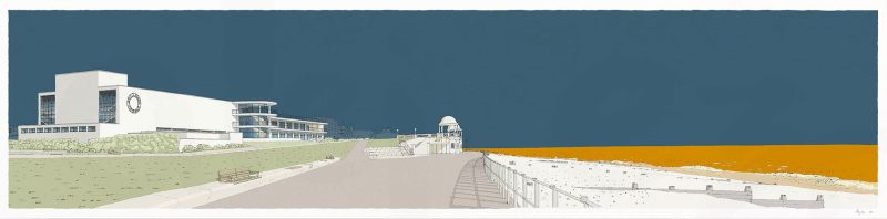 De La Warr Pavilion Bexhill on Sea Panorama Antique Blue and Ochre By Alej ez