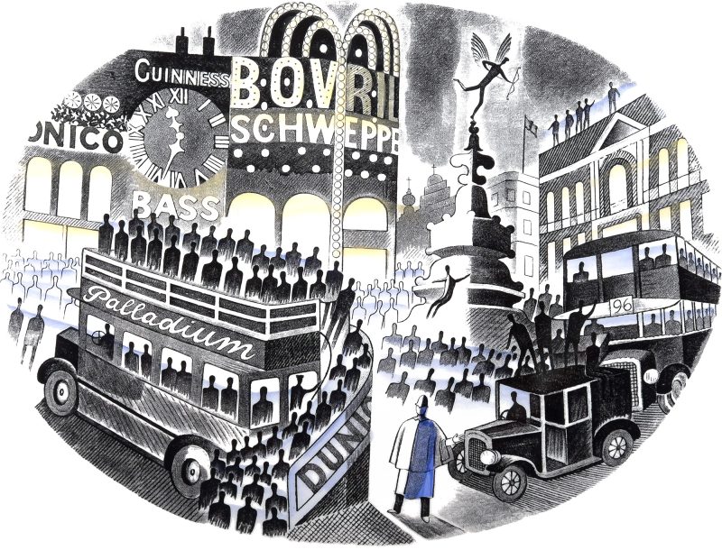 Piccadilly Circus on Boat Race night, Wedgewood by Eric Ravilious