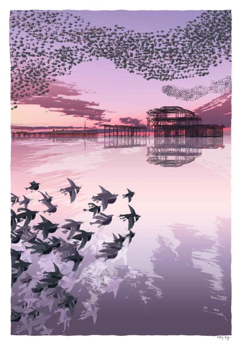 Starling Murmuration over the West Pier at Brighton Beach by Alej ez