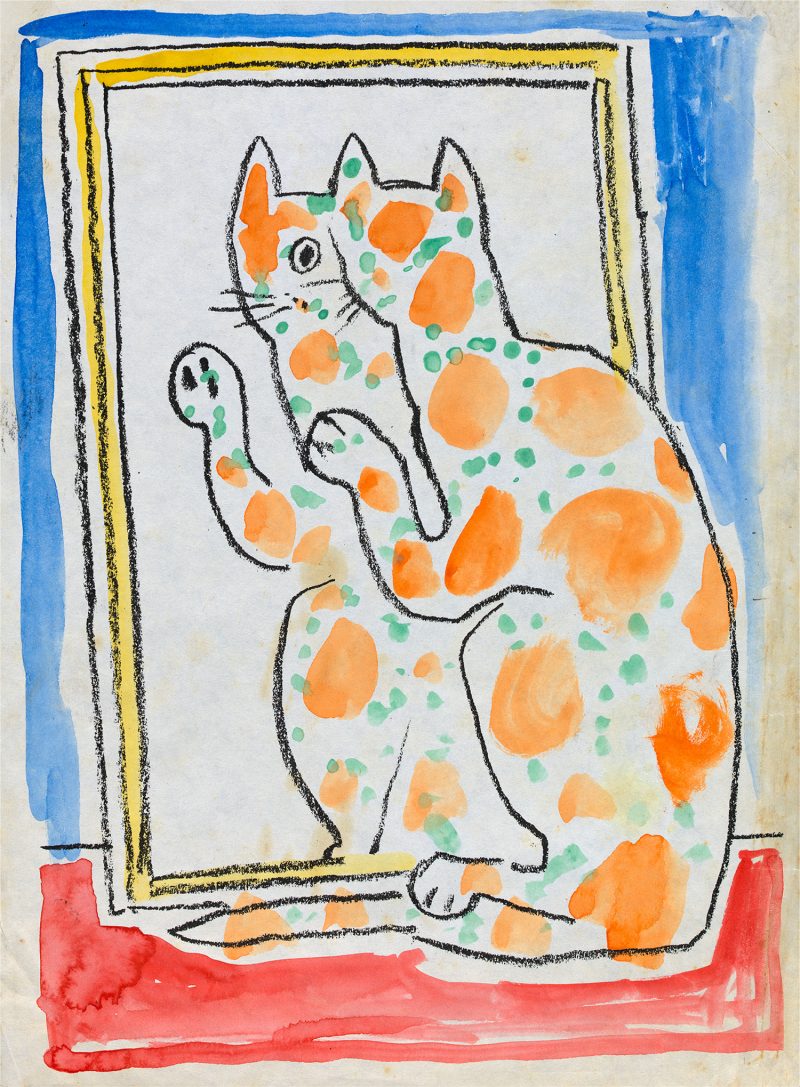 a drawing of a cat looking at a mirror